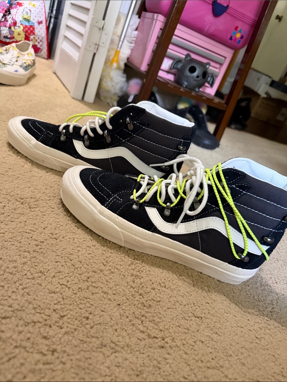 Vans Black & White High-Top Sneakers with Neon Yellow Laces - Picture 2 of 5